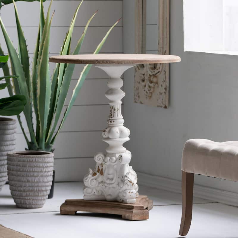 30.75" White and Brown Antique Round Side Table