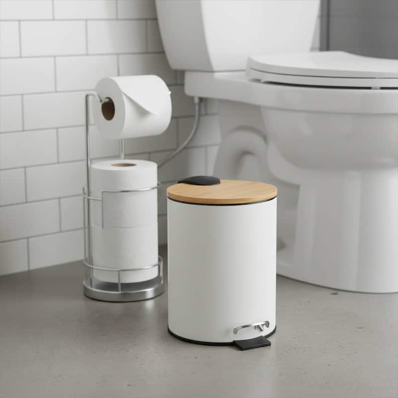 Stylish Trash Can with Bamboo Lid and Pedal, 2.5L Capacity - 9.2" H x 8" L x 8" W - White