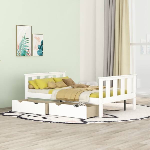 slide 2 of 18, Full Size Classic Modern Design Solid Wood Platform Bed Frame with Storage Drawers, Headboard and Footboard White