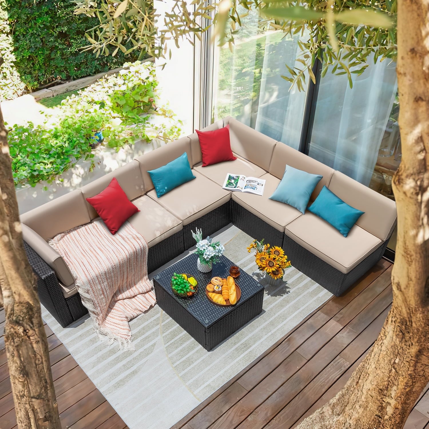 Furniwell 7-Piece Patio Furniture Set - Acacia Wood & Rattan