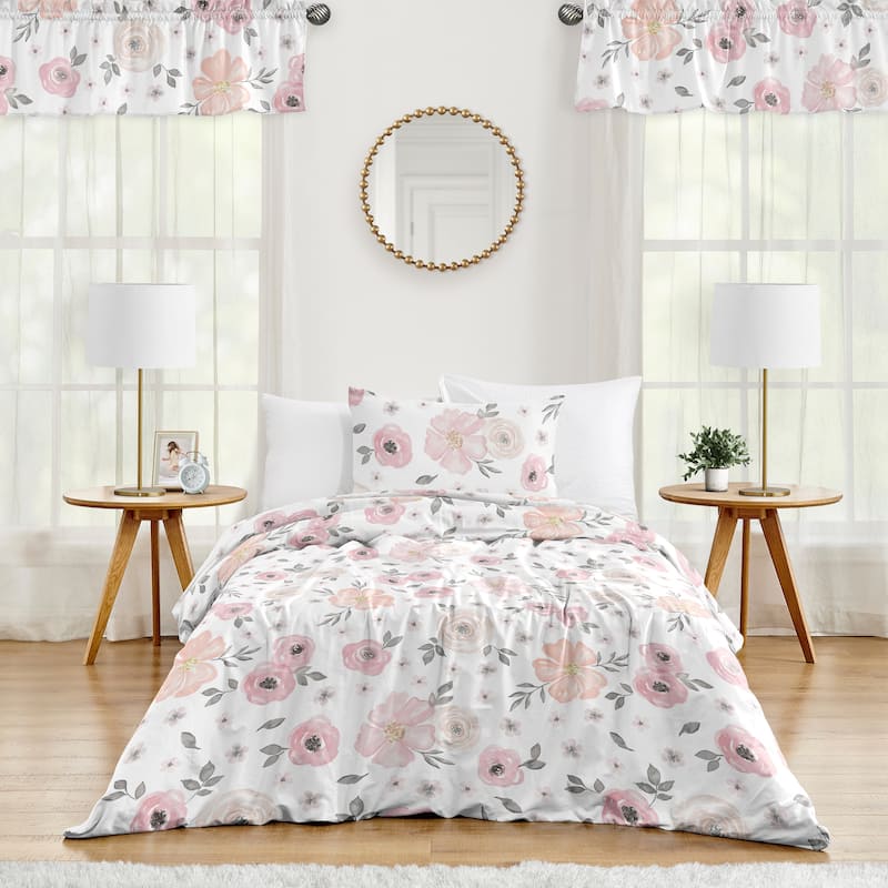 Pink Watercolor Floral Girl 2pc Twin-size Comforter Set - Blush Gray White Shabby Chic Rose Flower Grey Farmhouse Elegant