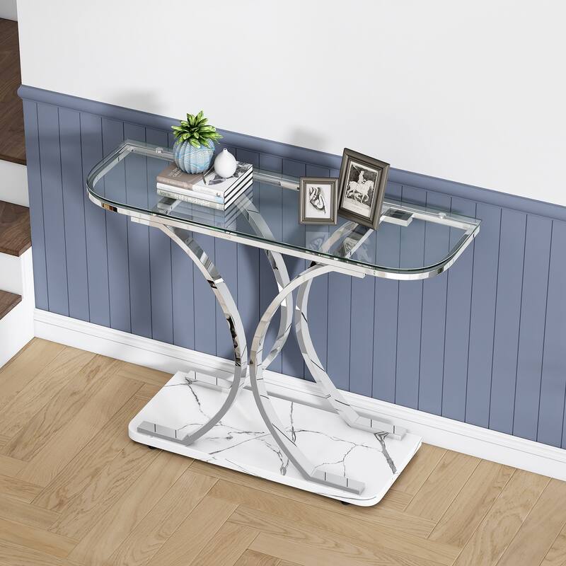 Myhozm 43.31 inches Glass Console Table with Geometric Base, Entrance Side Table for Hallway, Living Room