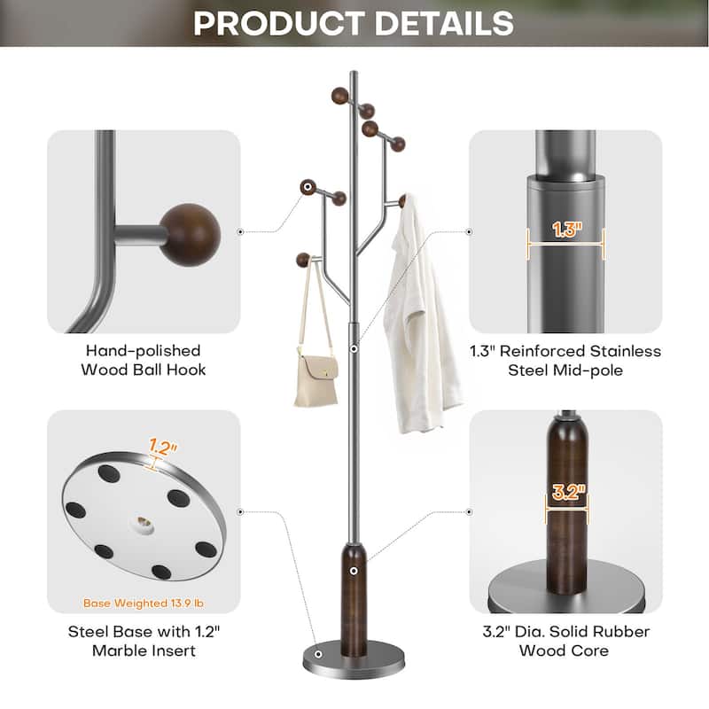 Freestanding Metal Coat Rack Stand Heavy Duty Coat Tree, Single - 70.9"H x 16.9"W(top) x 12.6"Dia(base)