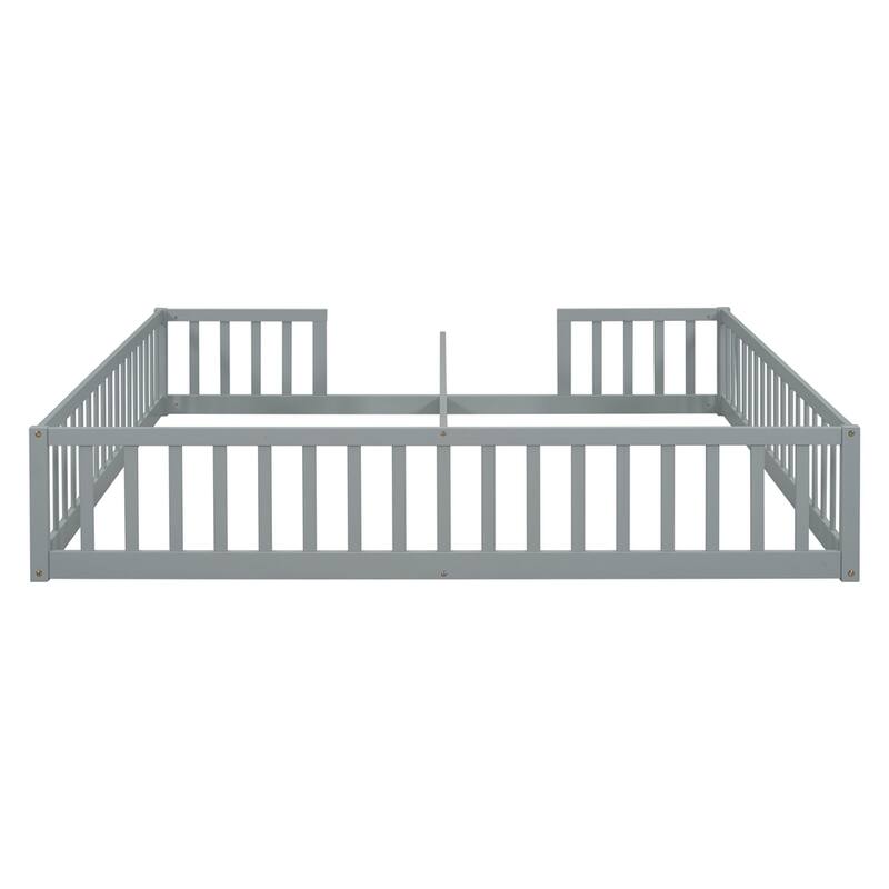 Double Twin Floor Bed with Fence, Guardrails, Without Door