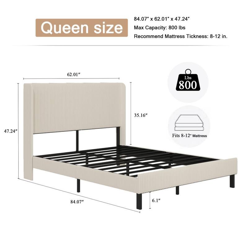Modern Beige Metal Platform Bed Frame with Charging Station, 2 USB Ports for Living Room