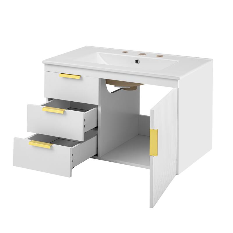 Roomfitters 30 Inch Wall Mounted Bathroom Vanity, Floating Storage Cabinet with Ceramic Basin Sink & Soft Close Door