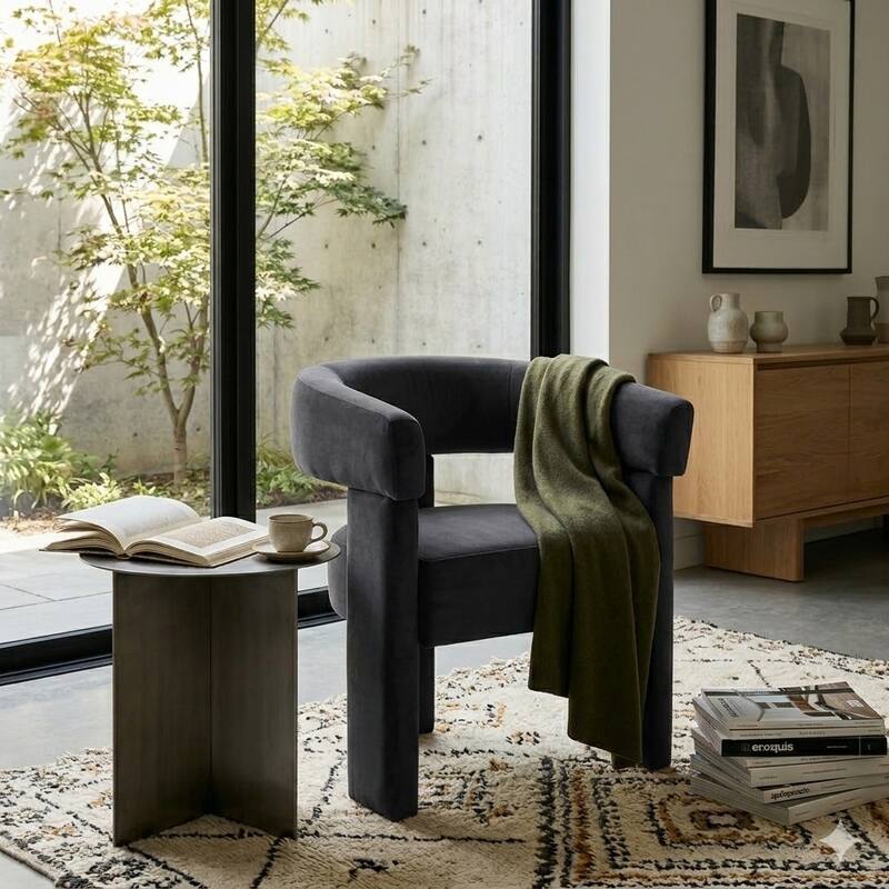 SEYNAR Modern Velvet Accent Chair, Upholstered Barrel Armchair with Curved Back and Thickened Padded Seat - Black
