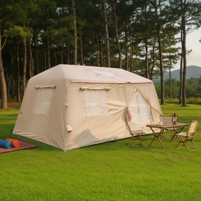 11m² Inflatable Tents for Camping, Blow Up Tent with Hand Pump, Easy Setup InflatableTent 4 Season Tent - Beige