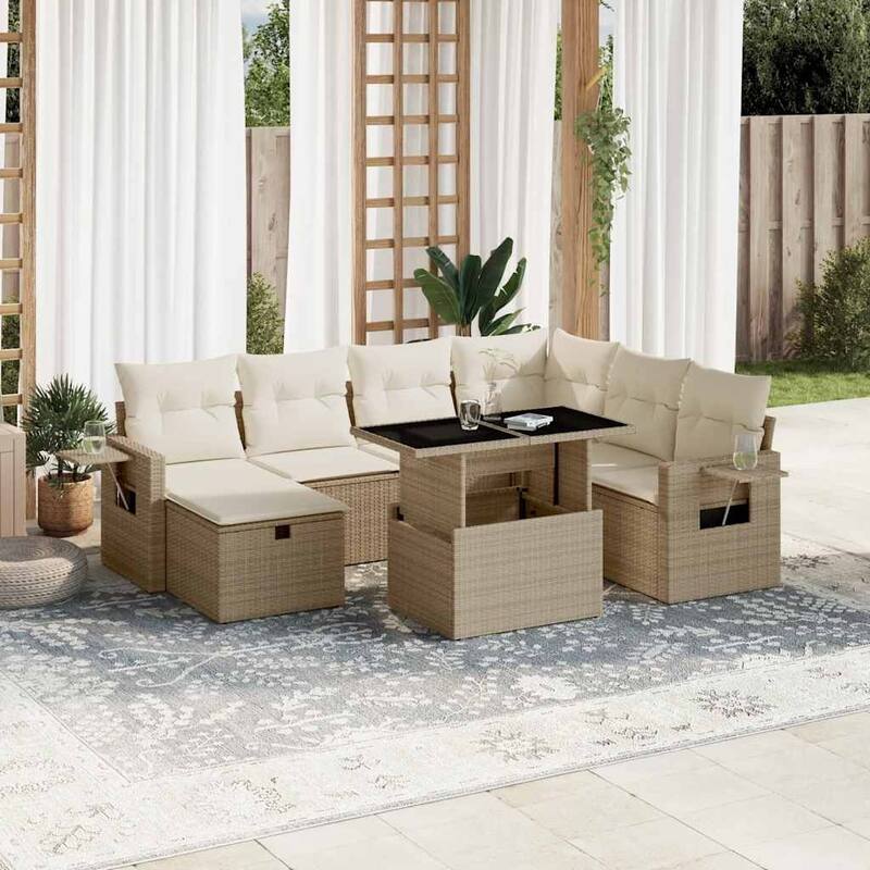 vidaXL Patio Sofa Set with Cushions Outdoor Furniture 8 Piece Poly Rattan - 21.7 x 39.4 x 28.7 in - Beige and cream