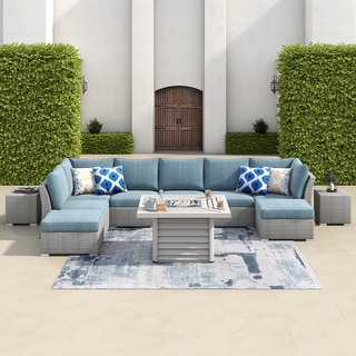 Corvus 11-pc. Grey Wicker Sectional Sofa Fire Pit Set w/ Blue Cushions