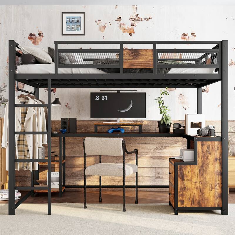 Queen Loft Bed with Desk and Storage, Metal Frame, No Box Spring Needed