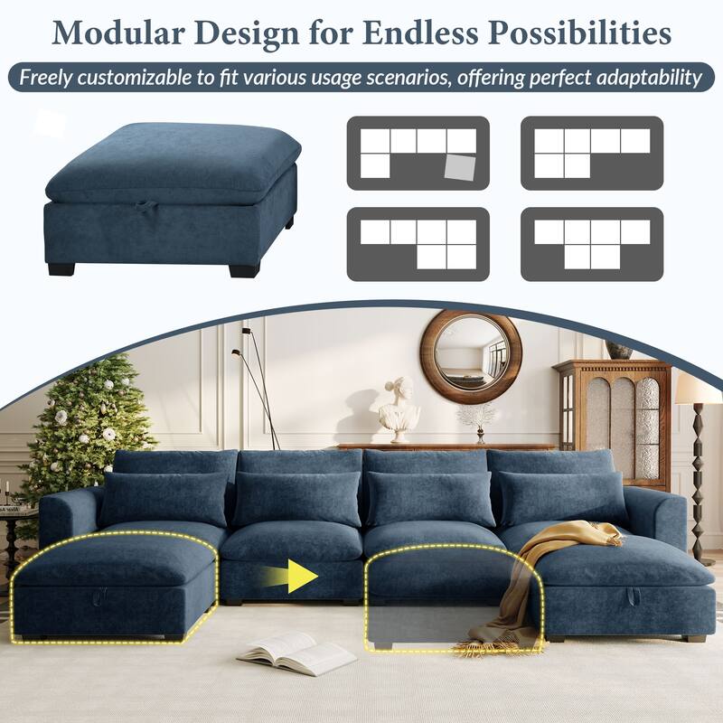 Blue Linen Blend U-shaped Modular Corner Sofa with 2 Ottomans, 132x61x32 inches, 218 lbs