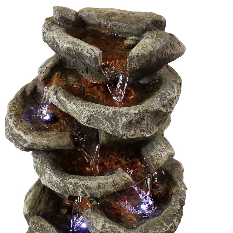 6 Tier Stone Falls Tabletop Indoor Water Fountain Feature w/ LED - 15"
