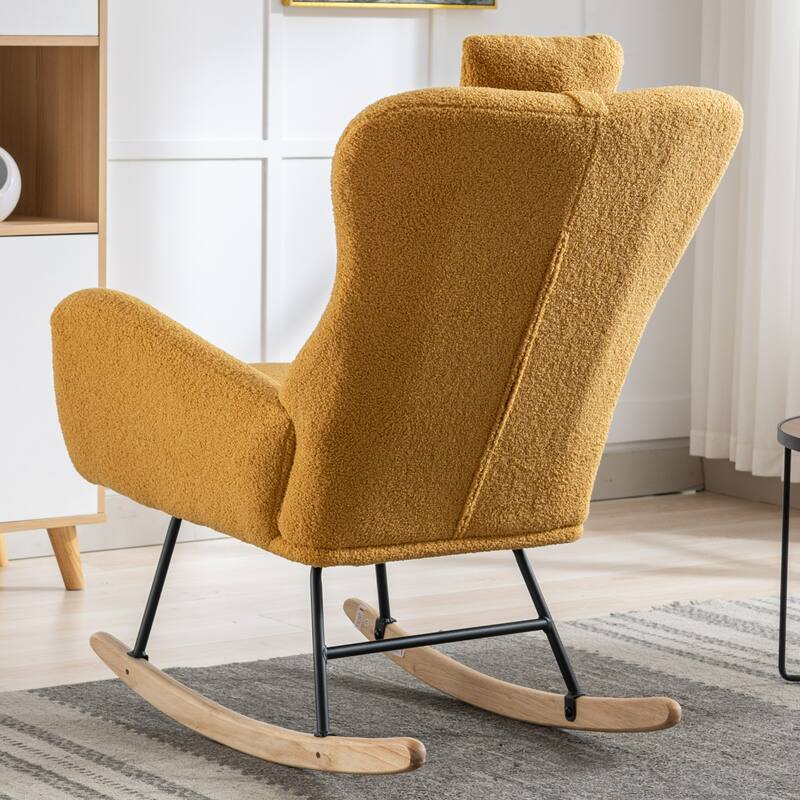 Teddy Fabric Wingback Rocking Chair for Nursery with Safe Solid Wood Base