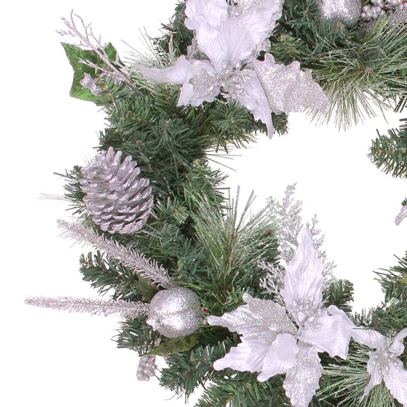 White Poinsettia Pine Cone Artificial Christmas Wreath 24-Inch, Unlit