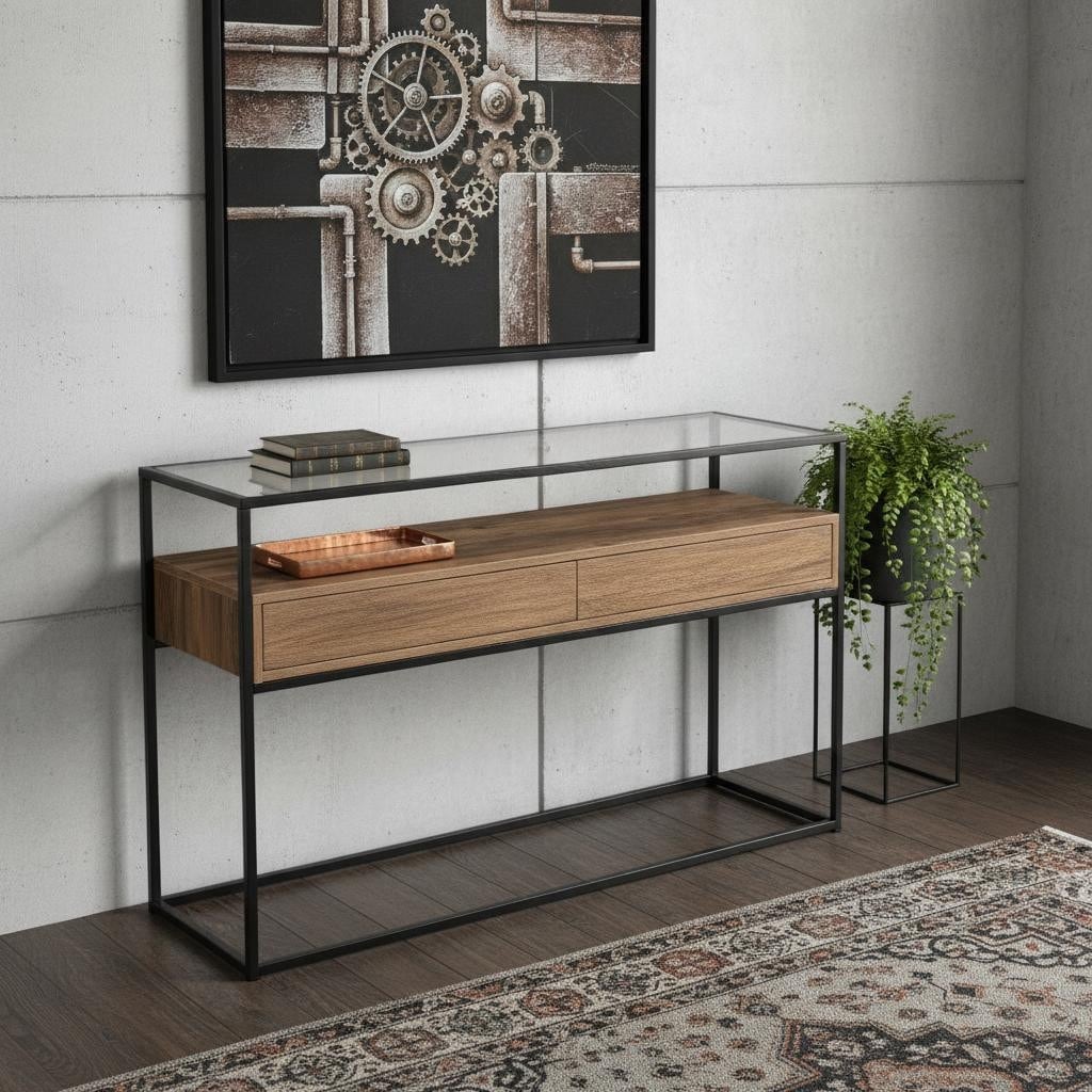 HomeRoots 48" Clear and Black Glass Frame Console Table With Storage With Storage - 48.00 in. x 30.00 in. x 14.00 in.