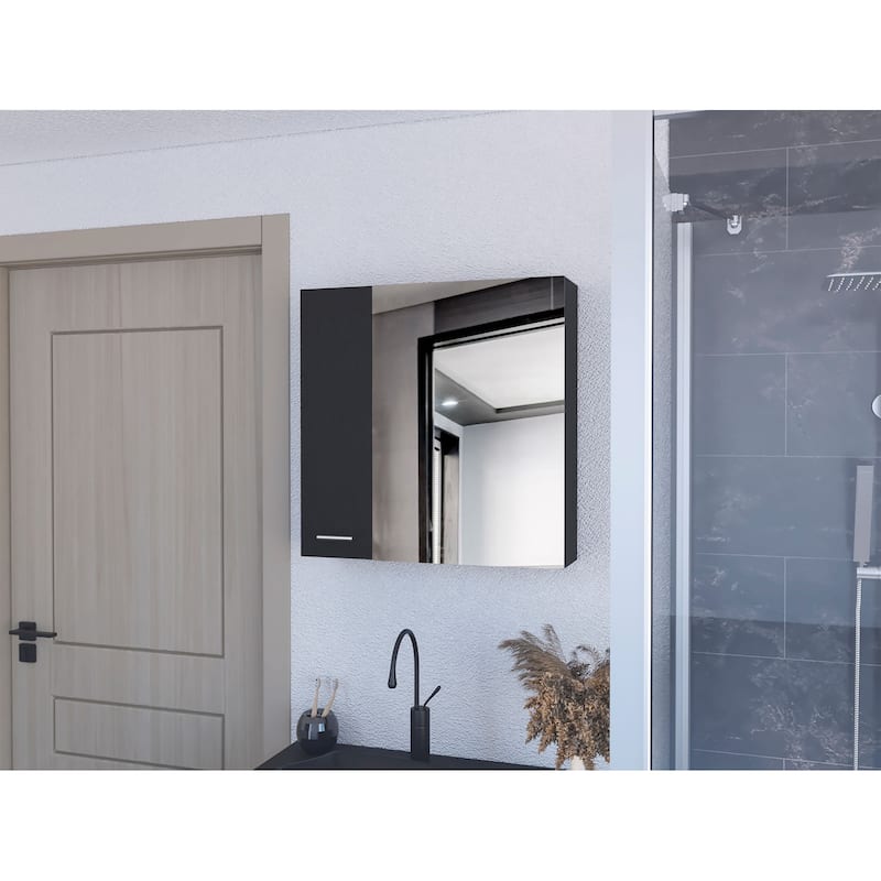 Prague 23.6" W x 23.6" H Mirror Medicine Cabinet, Single Door with 4 Interior Shelves for Bathroom Storage - 23.6X5.8 in - Black + Particle Board