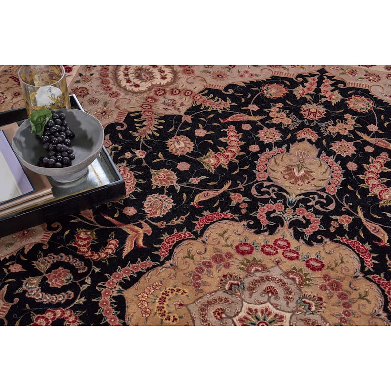 EXQUISITE RUGS ONE-OF-A-KIND Super Fine Tabriz Wool and Silk Hand Knotted BLACK Rug - 8'x10'