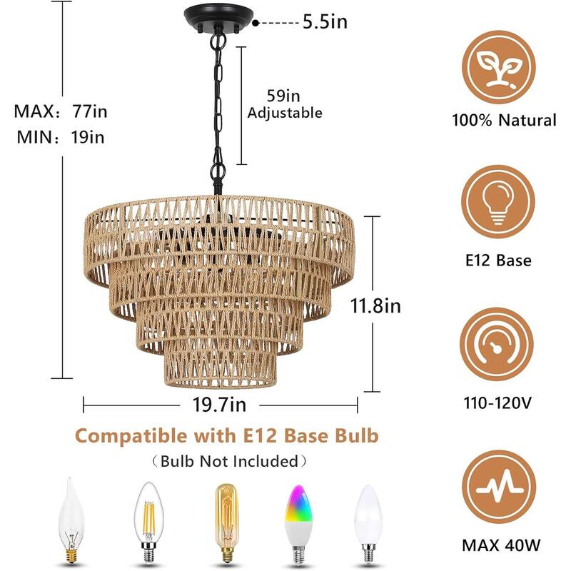 Rattan Chandelier, 6-Light Dining Room Light Fixture, Wicker Pendant Lighting with 4-Tier Woven Lampshade, Ceiling Lamp