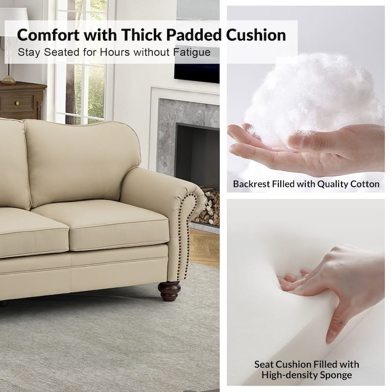 Balvino 81" Wide Transitional Genuine Leather Rolled Arm Sofa with Nailhead Trim and Removable Cushions