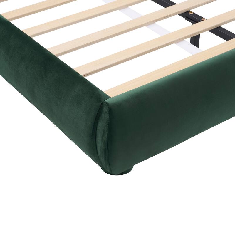 Velvet Upholstered Platform Bed with Headboard, Luxury Low Profile Bed Frame with Wood Slat Support, Grounded Bed for Apartments