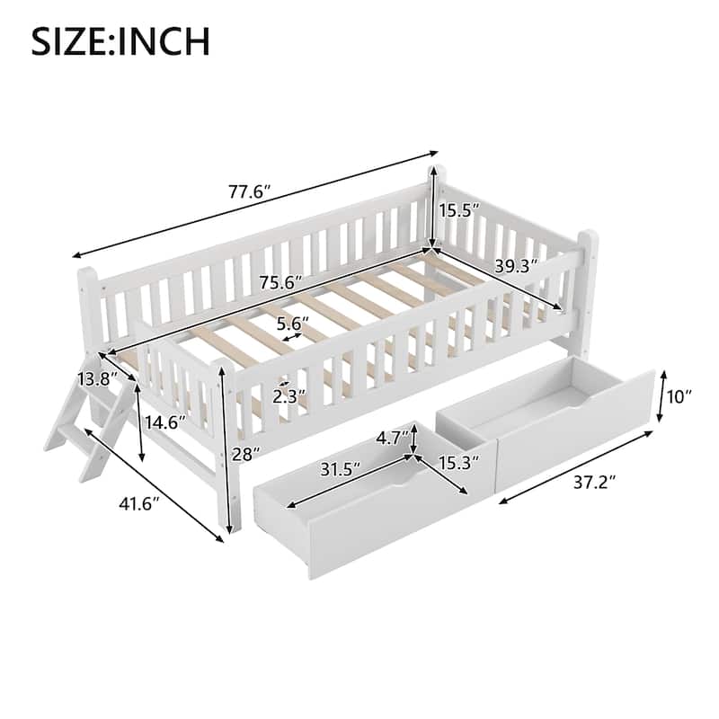 Twin Size Wood Platform Bed with Guardrail and 2 Drawers Storage Bed, White