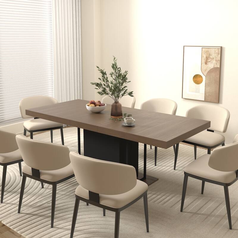 Extendable Dining Table, Wood Kitchen Table for 6-10 People, Large Home Office Table with Thick Top & Wide Feet
