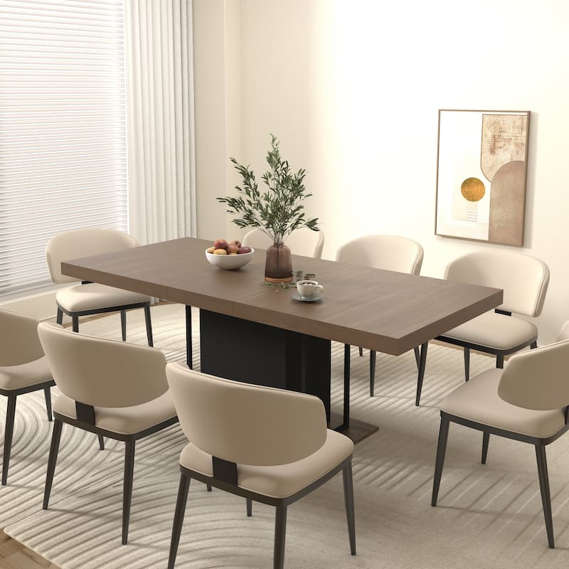 Wood Extendable Dining Table for 6-10 Person, Large Rectangle Expanding Dining Table with Black Double Pedestal Base