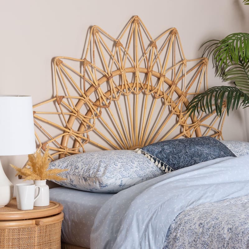 Solara Natural Rattan Headboard - Handwoven Wicker Wall-Mount Headboard in Sunburst Shape, Coastal Boho Bedroom Backdrop, Queen
