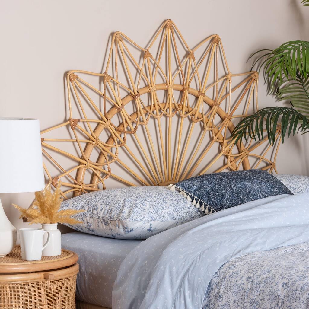 Solara Natural Rattan Headboard - Handwoven Wicker Wall-Mount Headboard in Sunburst Shape, Coastal Boho Bedroom Backdrop, Queen
