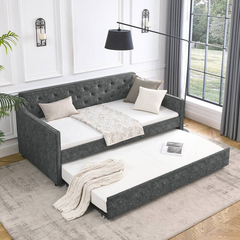Roomfitters Twin Upholstered Daybed with Twin Trundle, Tufted Backrest and Elegant Waved Arms