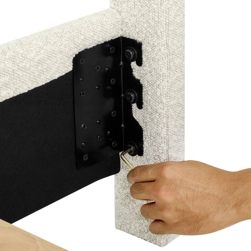 Queen Size White Boucle Upholstered Platform Bed with Padded Headboard