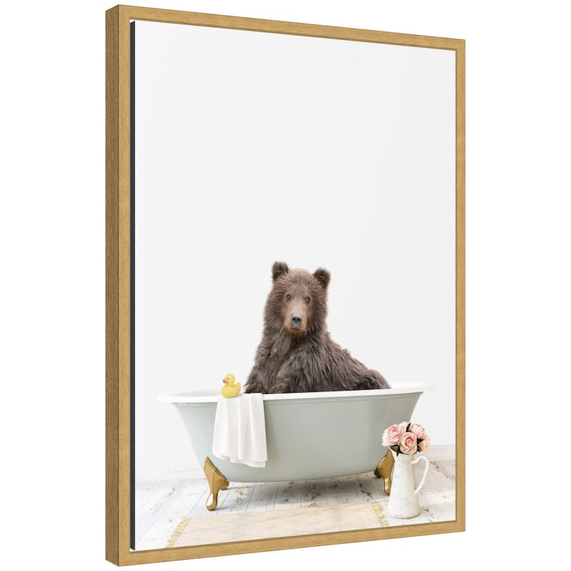 Kate and Laurel Sylvie Bear in Cottage Gray Bathtub Framed Canvas by Amy Peterson - Yellow