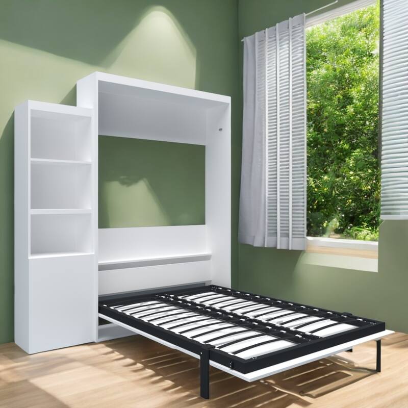 Queen Size Morden Deisgn Big Size Vertical Murphy bed with table and shelf for bedroom or Guestroom White Wall bed