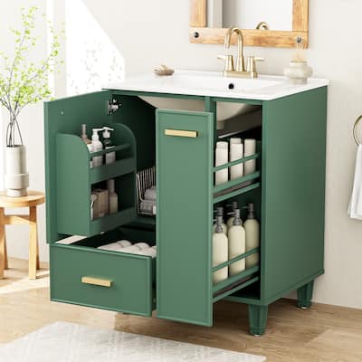 24" Bathroom Vanity with Sink, Door Shelf, Deep Drawer, 2-Tier Pull-Out Basket