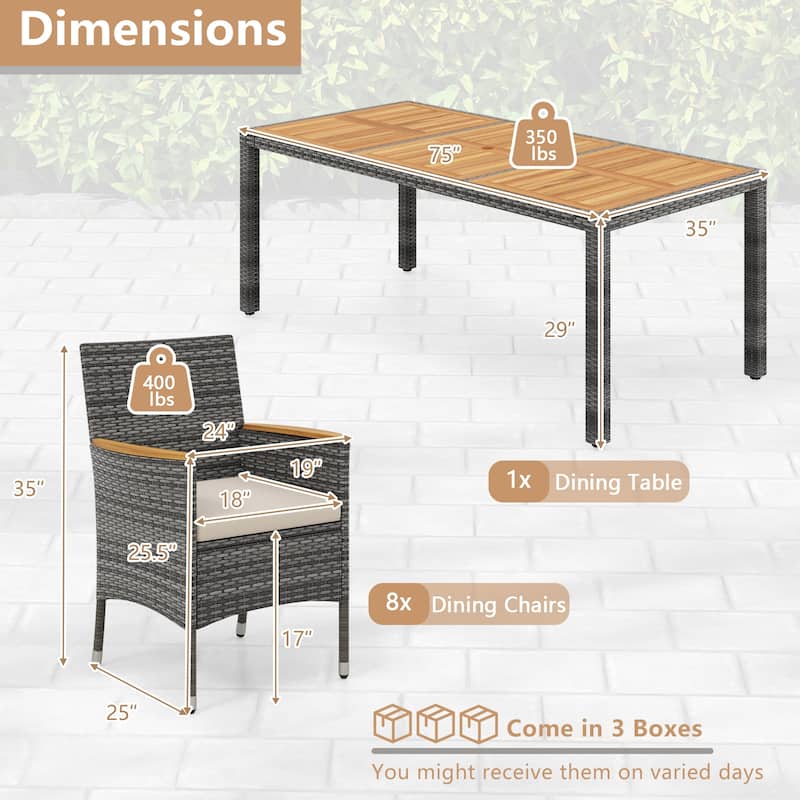 Costway 9 PCS Outdoor Wicker Dining Set with Acacia Wood Table and 8 - See Details