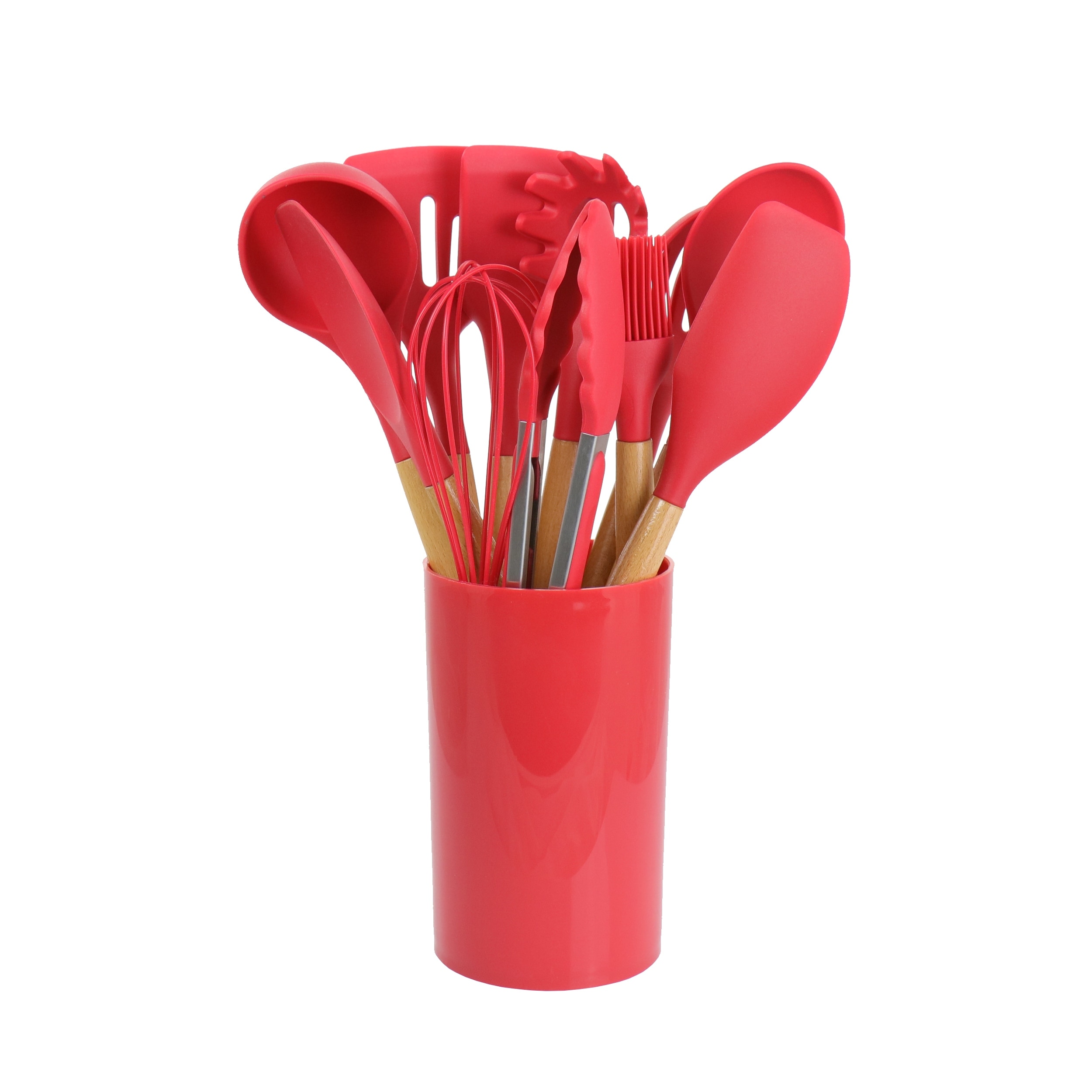 12 Piece Silicone and Wood Cooking Utensils in Cherry - Red