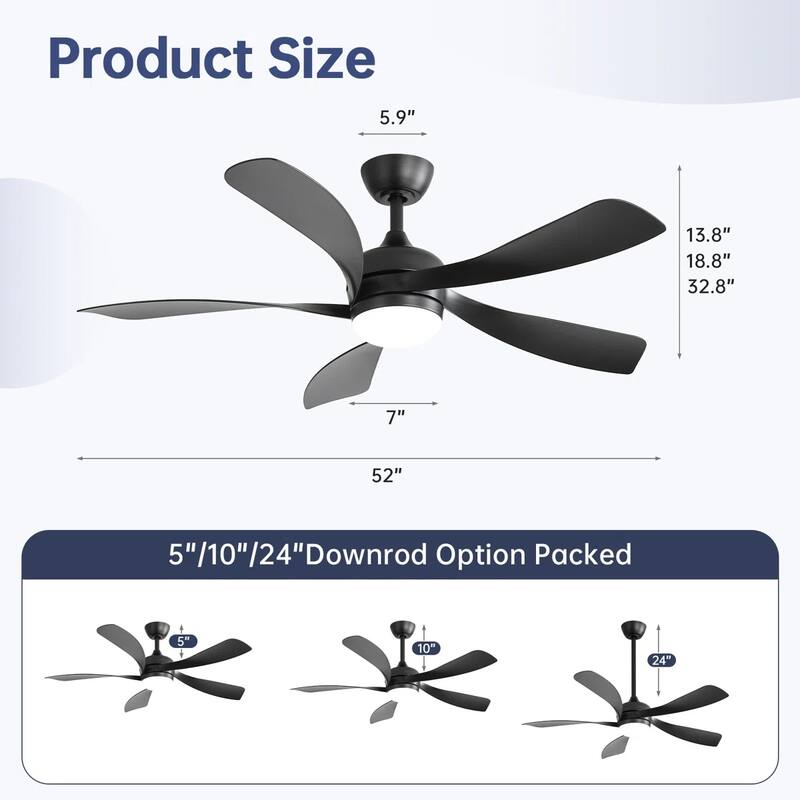 52" Downrod Ceiling Fan with Light and Remote,Reversible DC Motor,for Living Room Bedroom Patio - 52 Inches