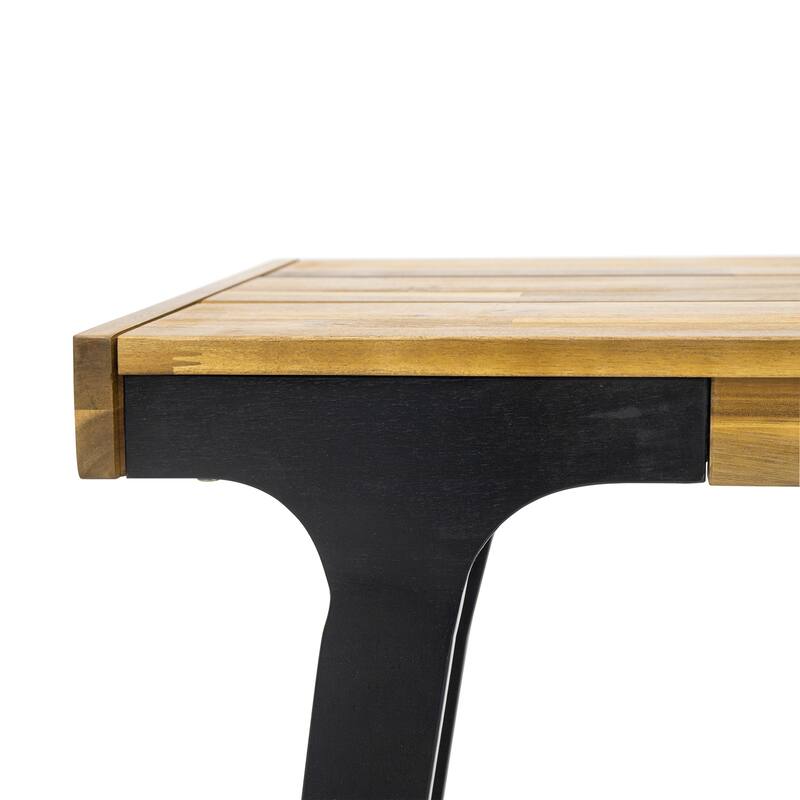 Roomfitters Outdoor Benches Set of 2, Acacia Wood Seats with Black Metal Legs, Patio or Garden Dining Benches