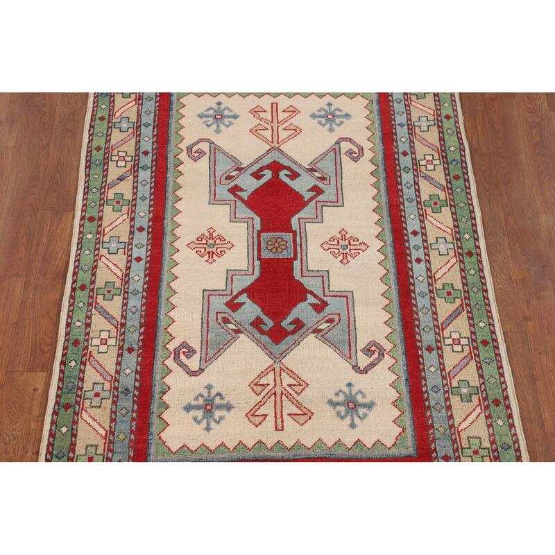 Ivory Kazak Accent Rug Handmade Wool Carpet - 3'4" x 5'0"