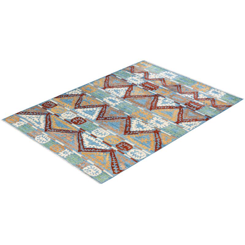 Overton Hand Knotted Wool Vintage Inspired Modern Contemporary Modern Light Blue Area Rug - 6' 3" x 8' 9"