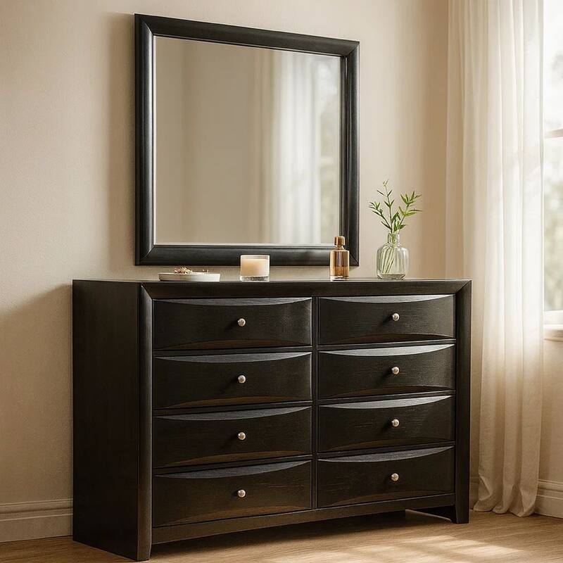 Ica 2pc Wide Dresser and Mirror Set, Chambered Fronts, Black Wood