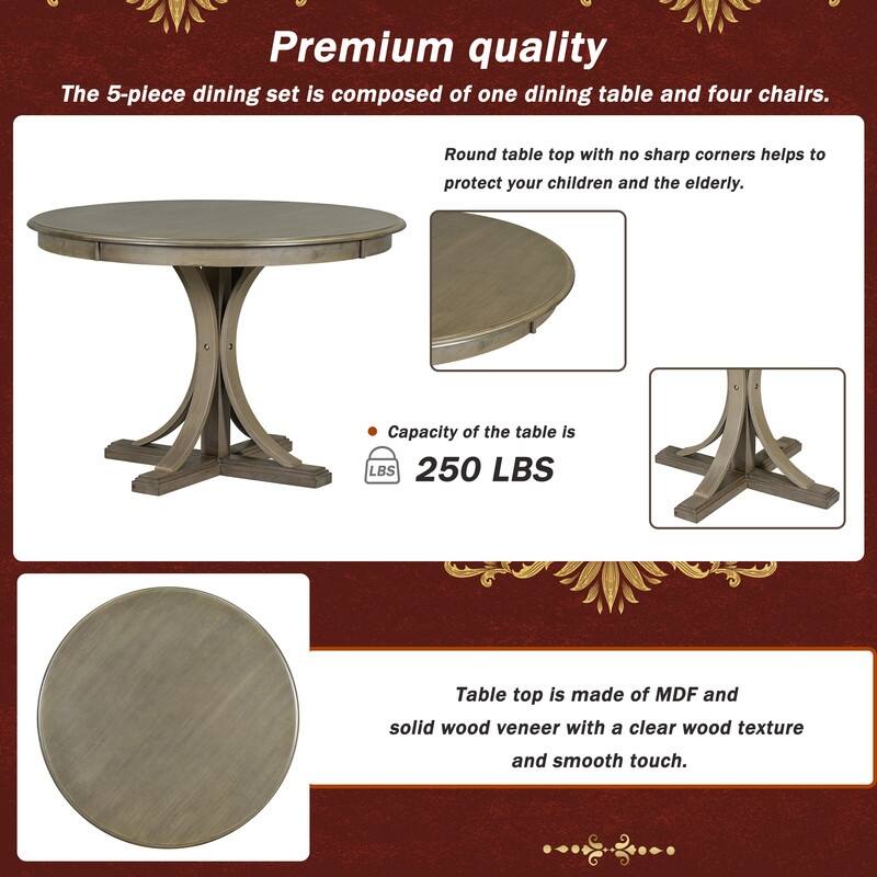 5-Piece Retro Round Dining Table Set with Curved Trestle Style Table Legs and 4 Upholstered Chairs for Dining Room