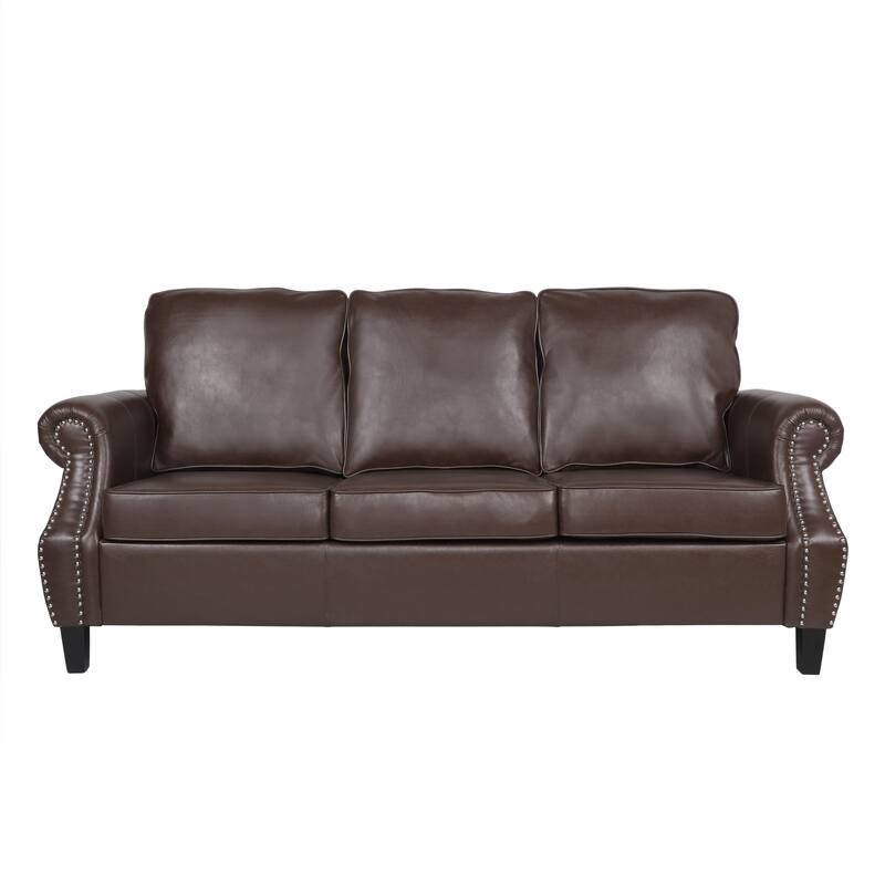 Dark Brown Faux Leather 3-seater Sofa with Birch Wood Legs and Nailheads