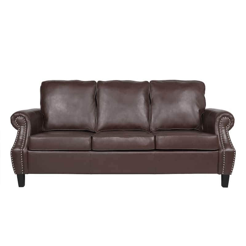 Dowd Faux Leather 3 Seater Sofa with Nailhead Trim by Christopher Knight Home - Dark Brown