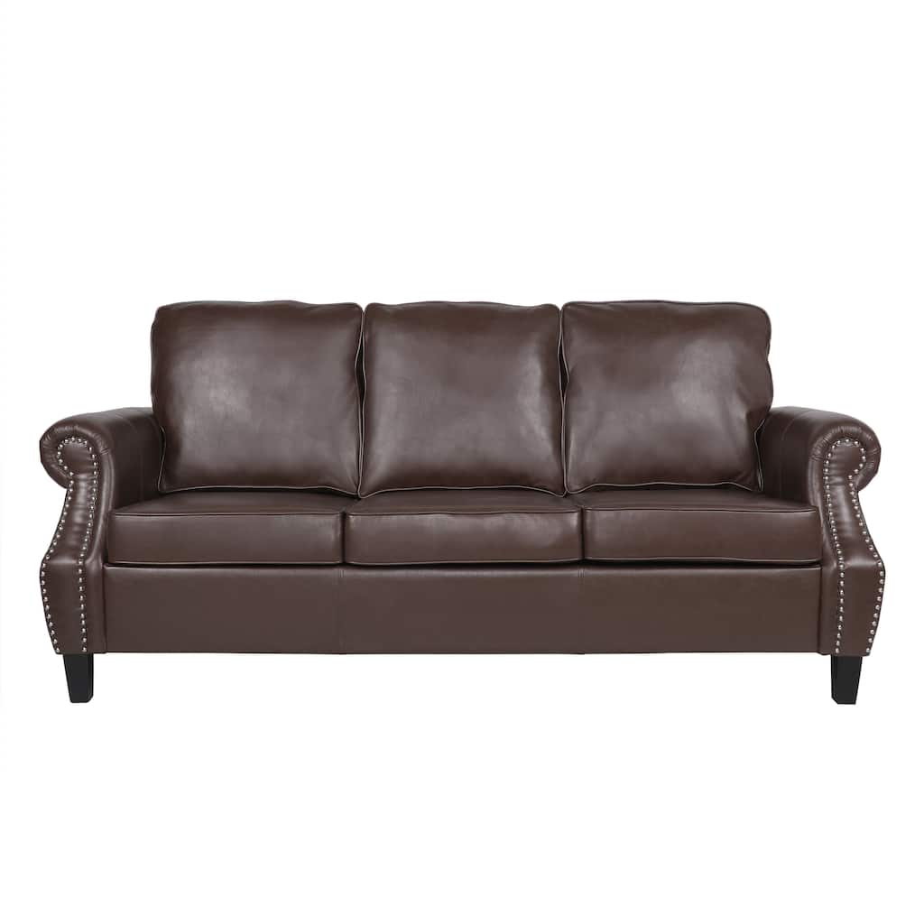 Faux Leather Sofa with Nailhead Trim and Wood Legs for Chic Living