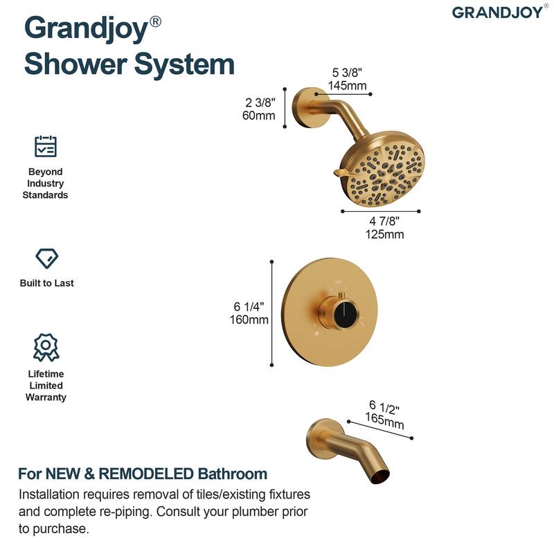 GRANDJOY 2-Function Shower System 5" High Pressure Shower Head and Tub Spout with Valve