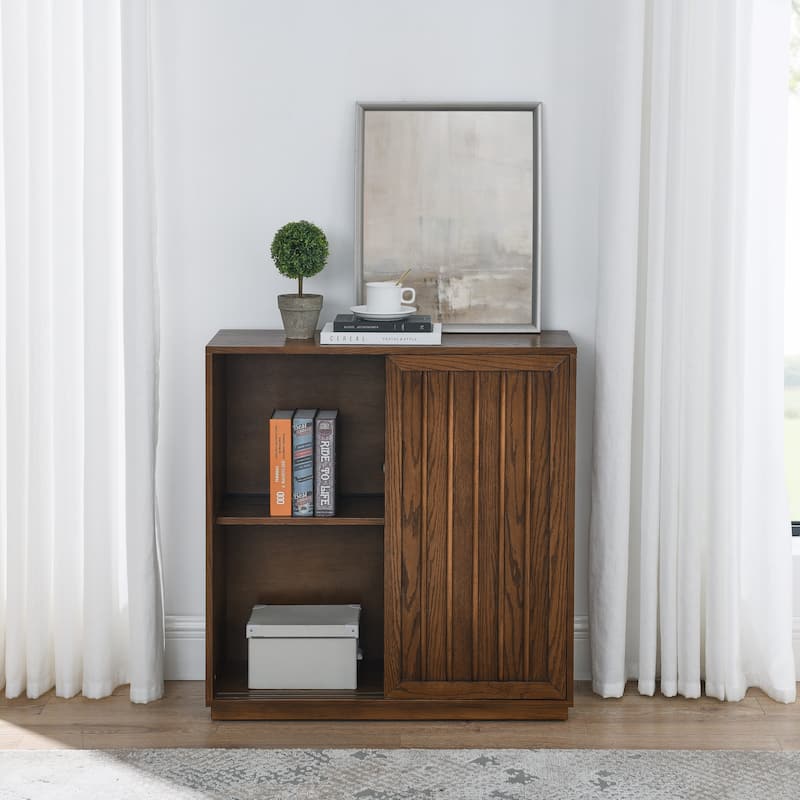 Mid Century Sideboard with 2 Sliding Door & Solid Wood Decorative Strips, Storage Cabinet