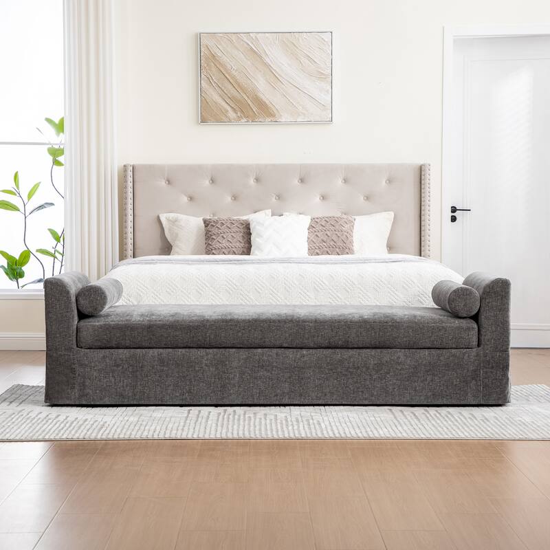 90.6''W Chenille End of Bed Bench With 2 Bolster Pillows,Chaise Lounge,Entryways Bench