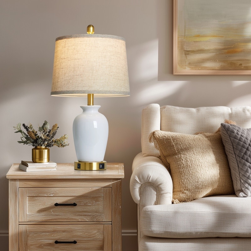 Set of 2 Modern 27-Inch Table Lamps with Dual Lighting, USB & USB-C Ports - 12.5'' x 12.5'' x 23''